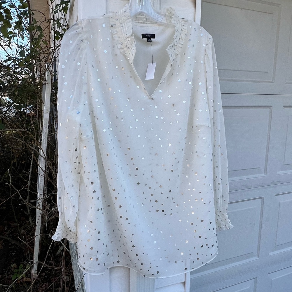NWT Talbots Gorgeous Cream Silver Dots Lined Sheer Sleeves Fancy Blouse …